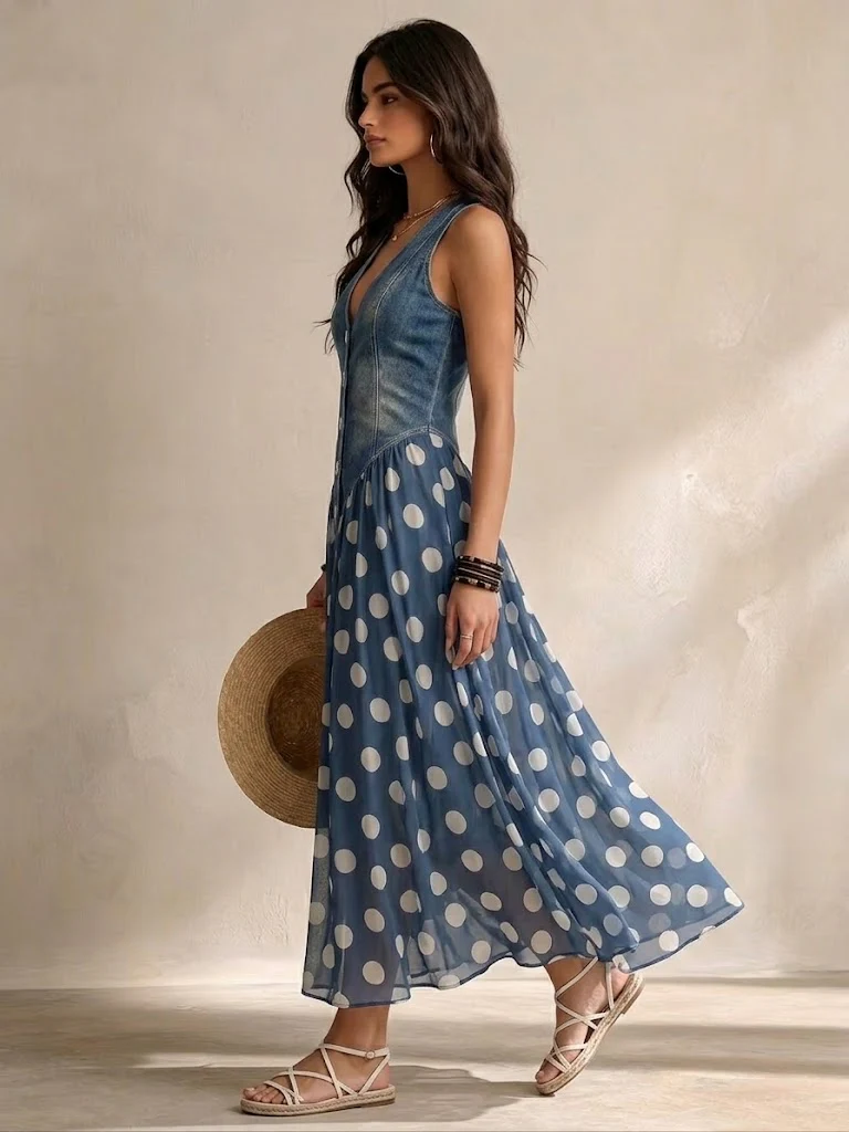 Ella Denim Polkadot Jurk – Stoer, Vrouwelijk & Tijdloos
