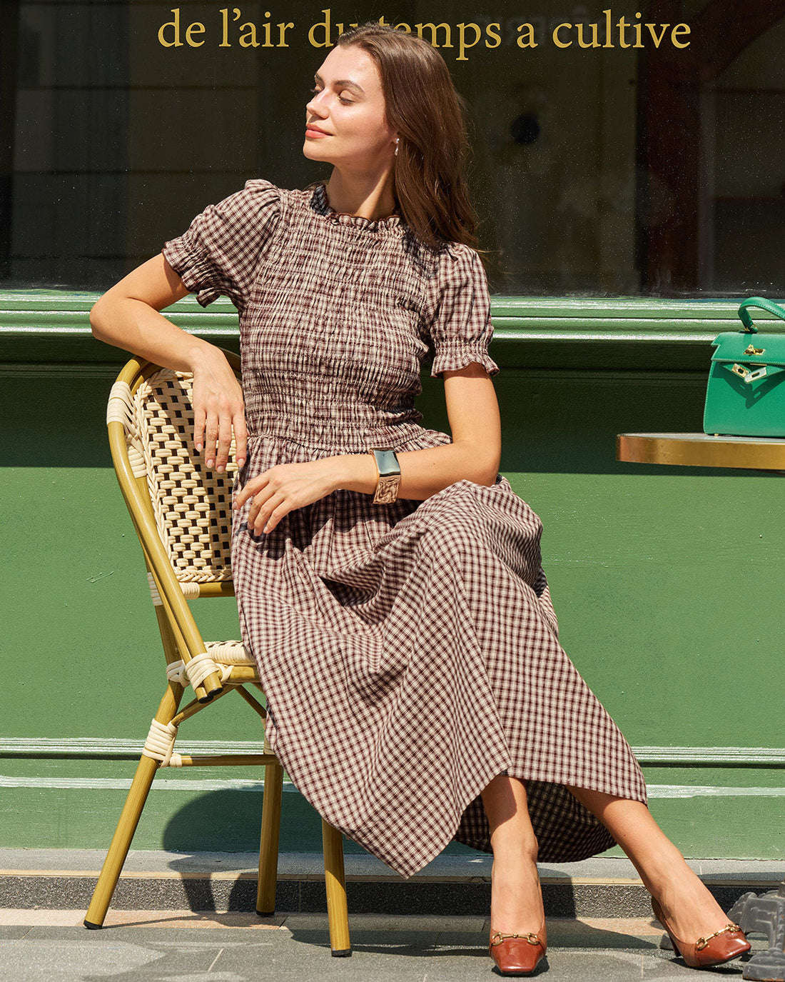 Janine | Midi Jurk met Ruitprint & Pofmouwen