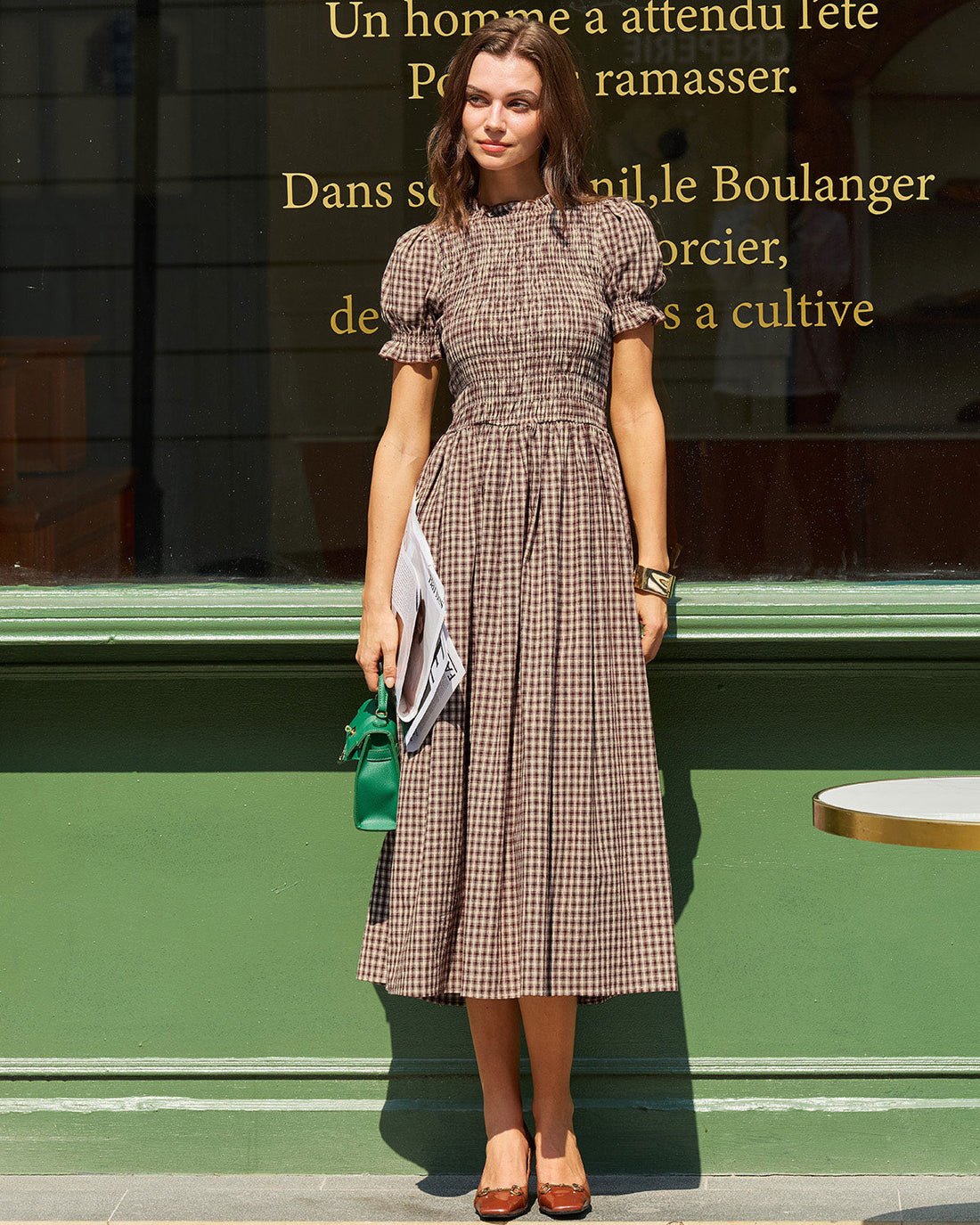 Janine | Midi Jurk met Ruitprint & Pofmouwen