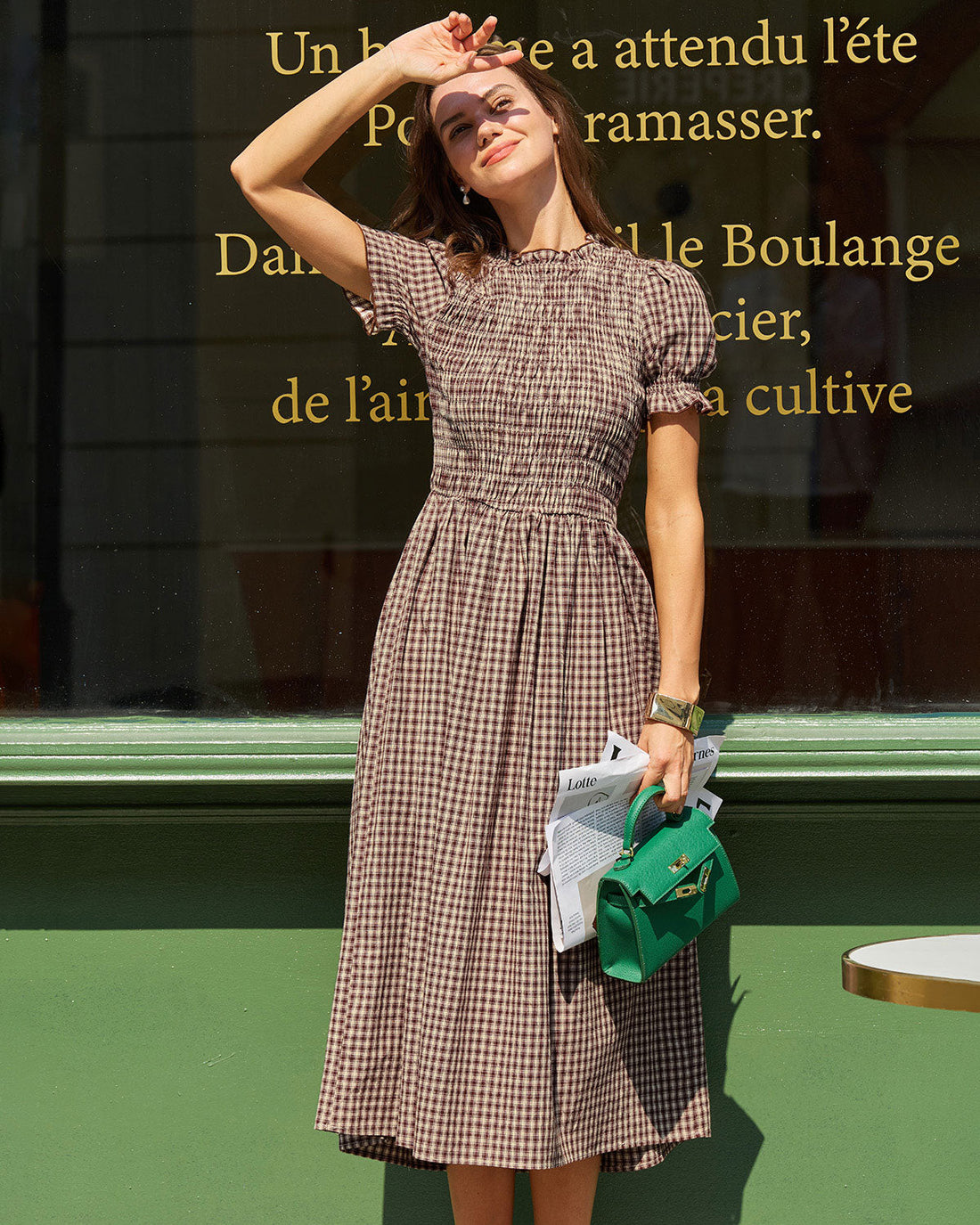 Janine | Midi Jurk met Ruitprint & Pofmouwen
