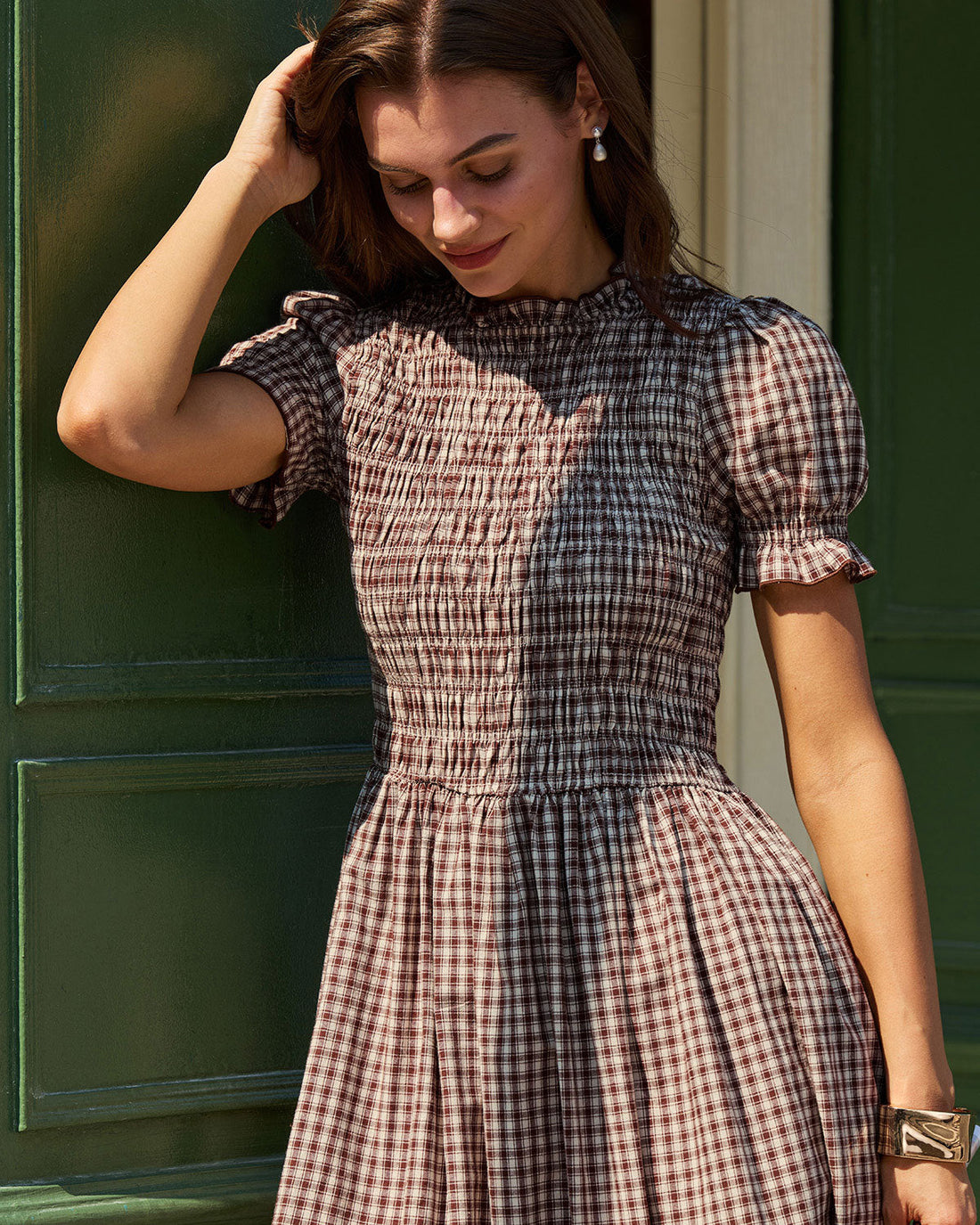 Janine | Midi Jurk met Ruitprint & Pofmouwen