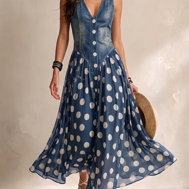 Ella Denim Polkadot Jurk – Stoer, Vrouwelijk & Tijdloos