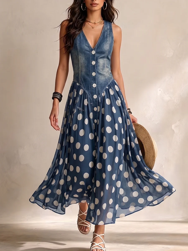 Ella Denim Polkadot Jurk – Stoer, Vrouwelijk & Tijdloos