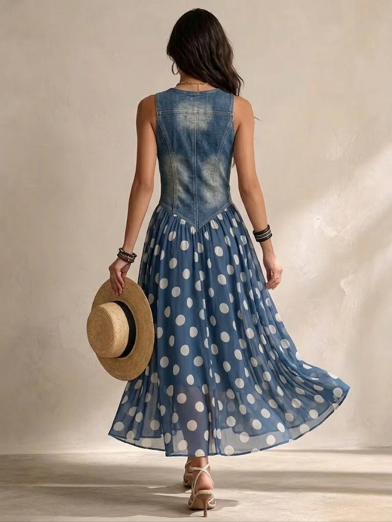 Ella Denim Polkadot Jurk – Stoer, Vrouwelijk & Tijdloos